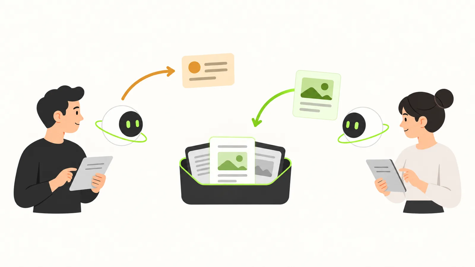 두 사람의 AI가 각자의 업무 자료를 하나의 지식베이스로 연결하는 모습